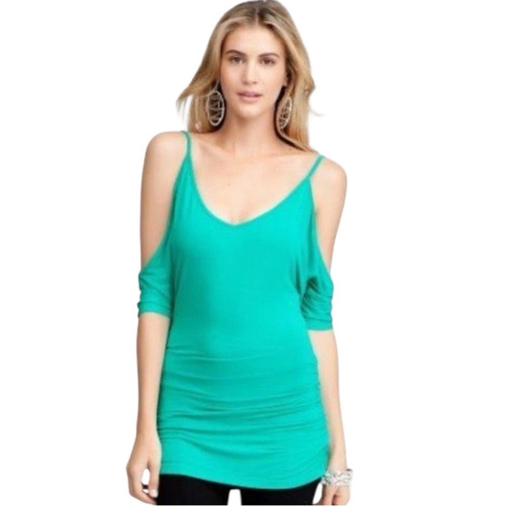 Bebe Teal Green V-Neck Half Sleeve Cold Shoulder Top Size Small